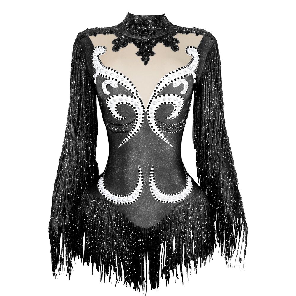 7412 Sexy Sparkly Diamante Pearl GOGO Tassel Spandex Bodysuit Team